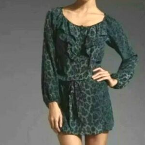 Rebecca Taylor Silk Animal Print Ruffled Tie-Waist Short Pop Over Dress